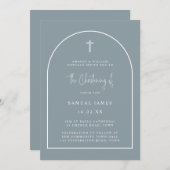 Dusty Blue Modern Arch Script Minimal Christening Kaart (Voorkant / Achterkant)