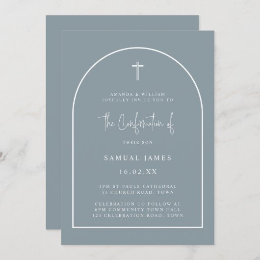 Dusty Blue Modern Arch Script Minimale bevestiging Kaart (Voorkant / Achterkant)