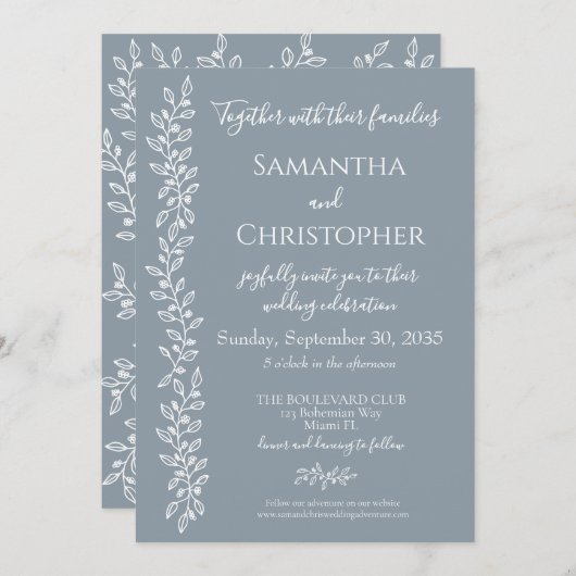 Dusty Blue Modern Boho Botanical Minimal Wedding Kaart (Voorkant / Achterkant)