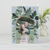 Dusty Blue Modern Botanical Greenery fotobruiloft Bedankkaart (Staand voorkant)