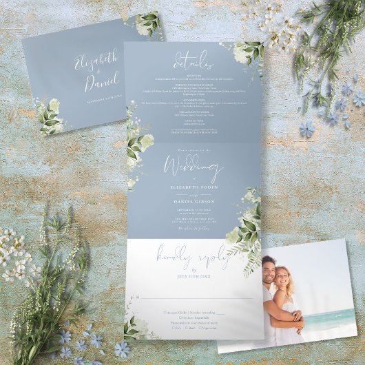 Dusty Blue Modern Botanical Greenery Photo Wedding Drieluik Uitnodiging