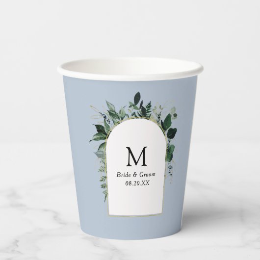 Dusty Blue Modern Botanical monogrammed bruiloft Papieren Bekers (Achterkant)