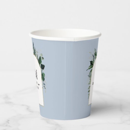 Dusty Blue Modern Botanical monogrammed bruiloft Papieren Bekers (Rechts)