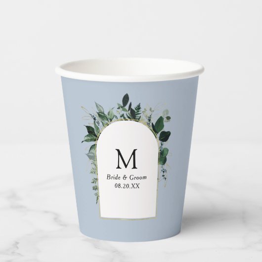 Dusty Blue Modern Botanical monogrammed bruiloft Papieren Bekers (Voorkant)