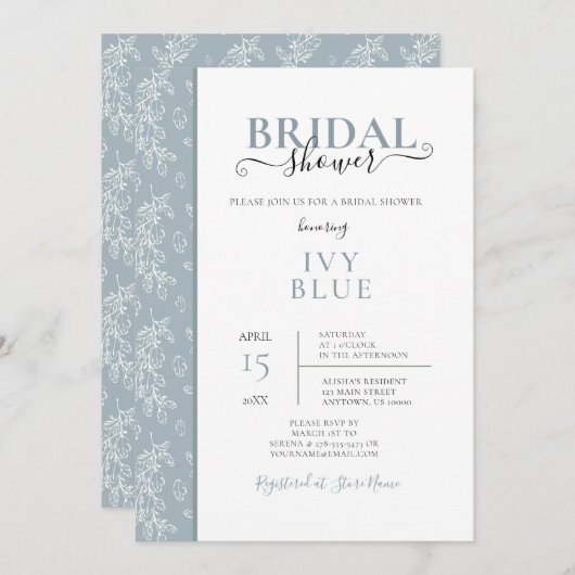Dusty Blue, Modern Bridal Shower Invitation Kaart (Voorkant / Achterkant)