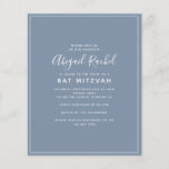 Dusty Blue Modern Budget Bat Mitzvah<br><div class="desc">Een eenvoudige, moderne Bat Mitzvah-uitnodiging **LEES ALLEEN VOOR AANKOOP** Onze kleine reeks budgetkantoorbenodigdheden meet 4, 5 x 5, 6 inch en past in een A6-envelop, die beschikbaar is in allerlei kleuren in uw lokale kantoorwinkel, of u kunt witte aan uw bestelling toevoegen voordat u afhandelt. De kartonnen voorraad is helder...</div>