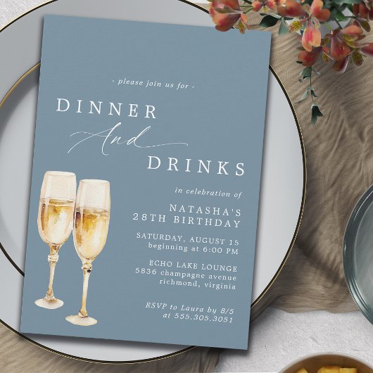 Dusty Blue | Modern Champagne verjaardagsdiner Kaart