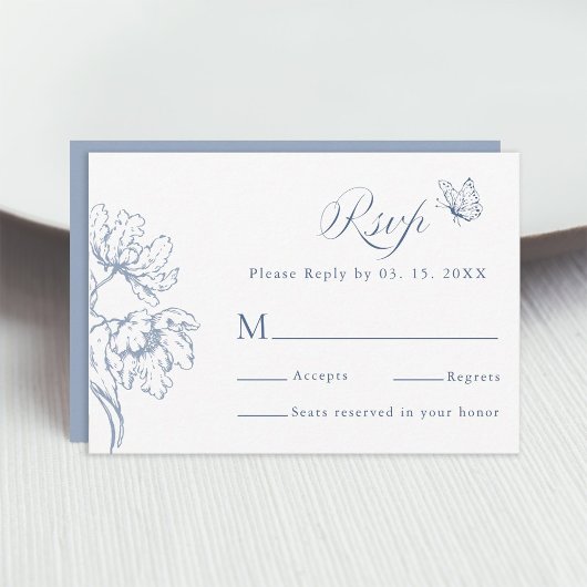 Dusty Blue Modern Classic Floral Wedding  RSVP Kaartje