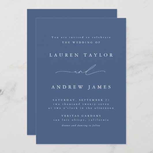 Dusty Blue Modern Classic Wedding Invitation 1 Kaart (Voorkant / Achterkant)