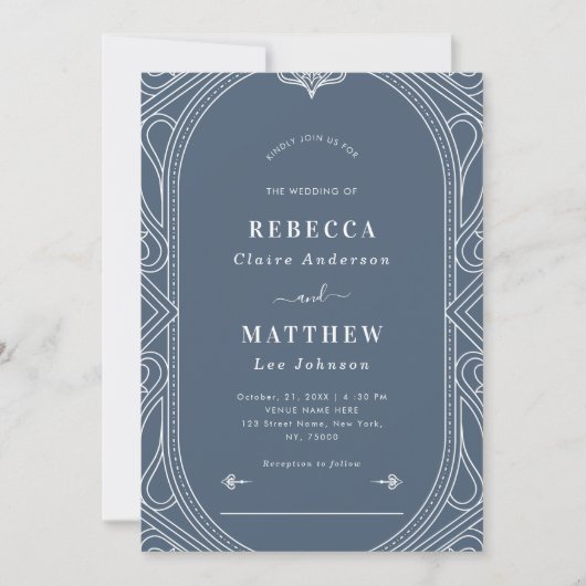 Dusty Blue  Modern Deco Geometric Wedding Kaart (Voorkant)
