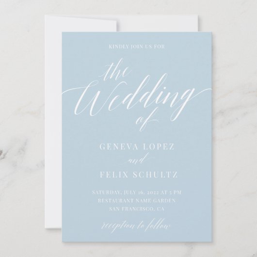 Dusty Blue Modern Elegant Calligraphy Wedding Inv Kaart (Voorkant)