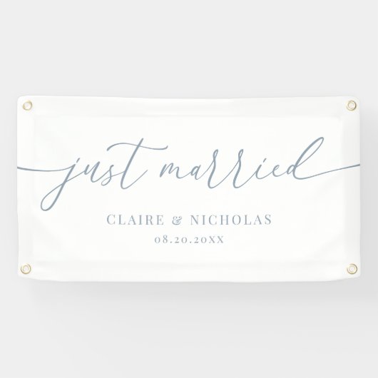 Dusty Blue Modern Elegant Just Married Wedding Car Spandoek (Horizontaal)