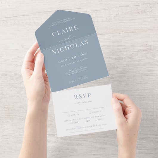 Dusty Blue Modern Elegant Wedding All In One Uitnodiging (Afscheurbaar)