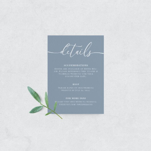 Dusty Blue Modern Elegant Wedding Details Informatiekaartje