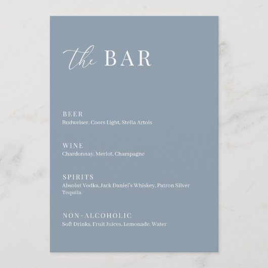 Dusty Blue Modern Elegant Wedding Het Bar Menu (Voorkant)