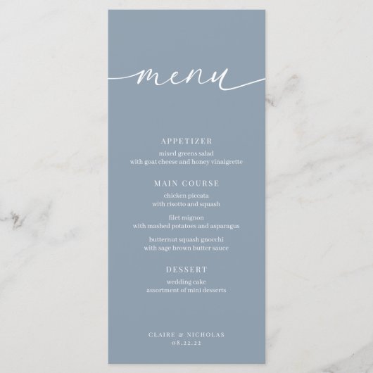 Dusty Blue Modern Elegant Wedding Receptie Menu (Voorkant)
