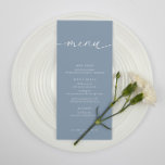 Dusty Blue Modern Elegant Wedding Receptie Menu<br><div class="desc">Het moderne,  elegante menu heeft een stoffig blauw-wit ontwerp. Personaliseer met het menu van uw evenement met de eenvoudig te bewerken sjabloon met een elegant scriptlettertype en stijlvol serif-lettertype. Bekijk bijpassende items in het collectie "Dusty Blue Modern Elegant".</div>