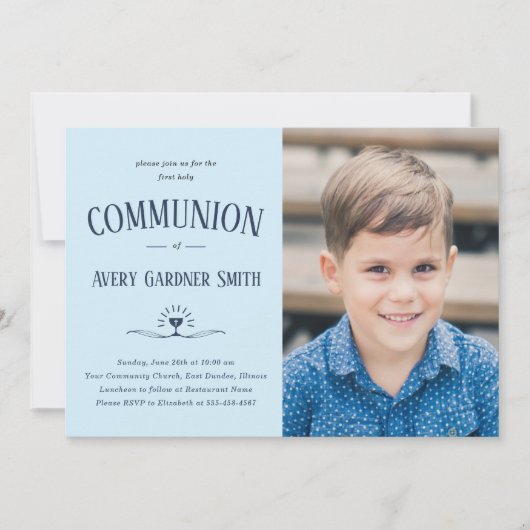 Dusty Blue Modern First Heilige Communeuchyfoto Kaart (Voorkant)