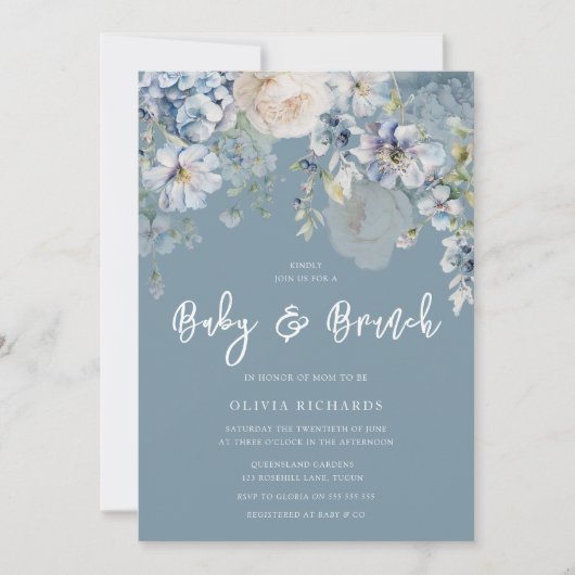 Dusty Blue Modern Floral Baby shower Brunch Kaart (Voorkant)