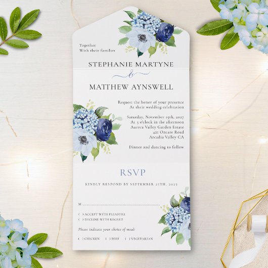 Dusty Blue Modern Floral Botanical Wedding All In One Uitnodiging