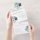 Dusty Blue Modern Floral Botanical Wedding All In One Uitnodiging (Afscheurbaar)