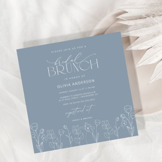 Dusty Blue Modern Floral Bridal Brunch Invitation Kaart