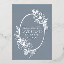 Dusty Blue Modern Floral Sketch Oval Save the Date