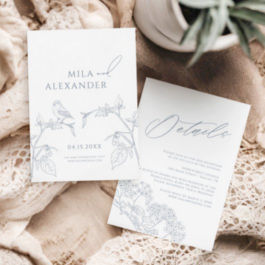 Dusty Blue Modern Floral Wedding Detail Informatiekaartje