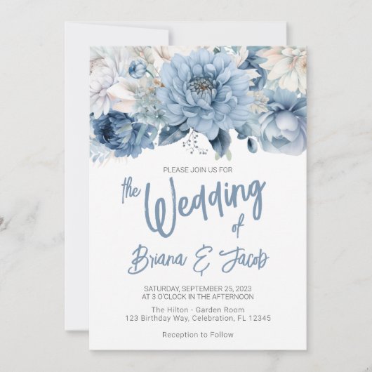 Dusty Blue Modern Floral Wedding Kaart (Voorkant)