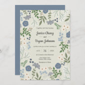 Dusty Blue Modern Floral Wedding Kaart (Voorkant / Achterkant)