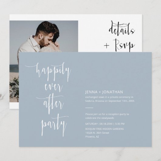 Dusty Blue Modern, gelukkig ooit na QR Code Photo Kaart (Voorkant / Achterkant)