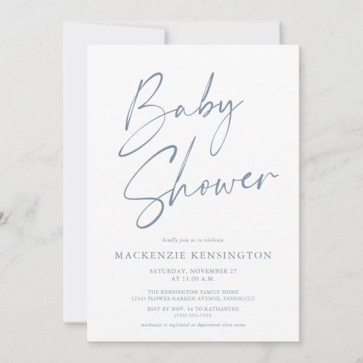 Dusty Blue Modern Handgeschreven Script-Baby showe Kaart (Voorkant)