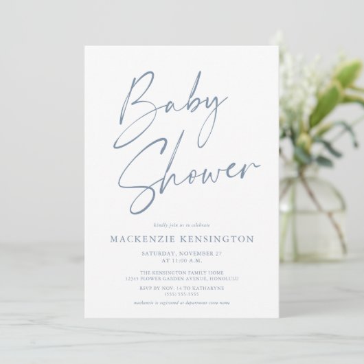 Dusty Blue Modern Handgeschreven Script-Baby showe Kaart (Staand voorkant)