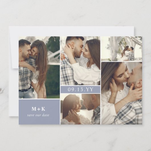 Dusty Blue Modern Initialen & Foto's Sla de datum  Save The Date (Voorkant)