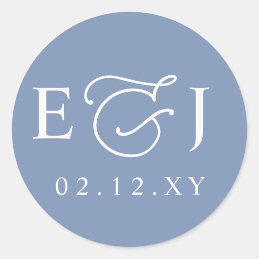 Dusty Blue Modern Initialen Monogram Bruiloft Ronde Sticker (Voorkant)