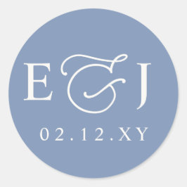 Dusty Blue Modern Initialen Monogram Bruiloft Ronde Sticker