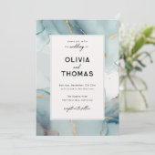 Dusty Blue Modern Lijst Elegant Chic Beach Bruilof Kaart (Staand voorkant)