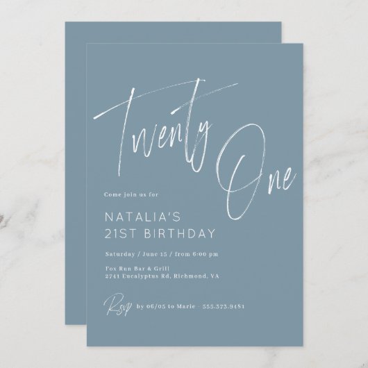 Dusty Blue | Modern minimaal script 21e verjaardag Kaart (Voorkant / Achterkant)