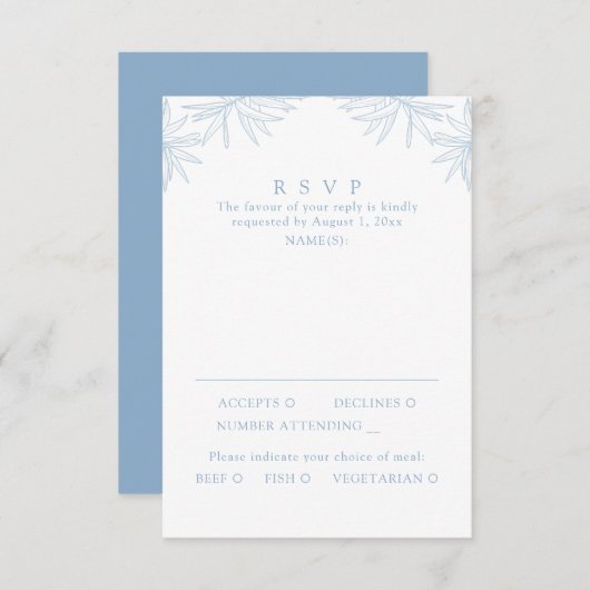 Dusty Blue Modern Minimal Botanical Meal RSVP Kaartje (Voorkant / Achterkant)