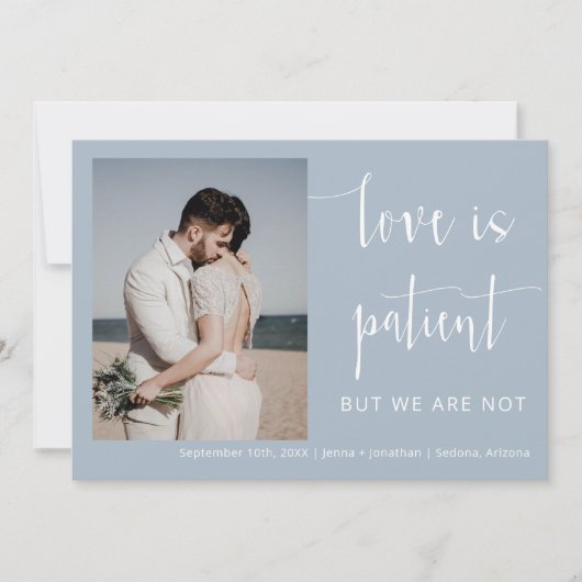 Dusty Blue Modern Minimal Script Photo Elopement Kaart (Voorkant)