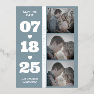 Dusty Blue Modern Minimalist Bold Date Three Photo Folie Feestdagen Briefkaart