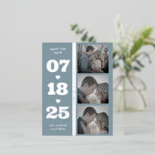 Dusty Blue Modern Minimalist Bold Date Three Photo Folie Feestdagen Briefkaart (Staand Voorkant)