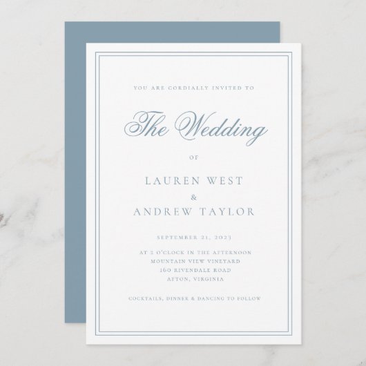 Dusty Blue Modern minimalist Wedding Invitation Kaart (Voorkant / Achterkant)