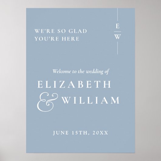 Dusty Blue Modern Monogram Huwelijk Welkom Teken Poster (Voorkant)