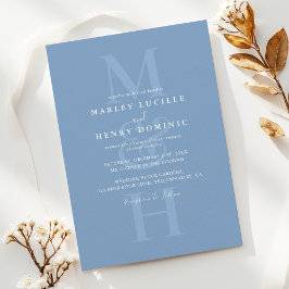 Dusty Blue Modern Monogram Overlay Wedding Kaart