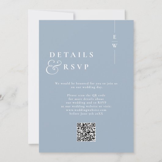 Dusty Blue Modern Monogram Wedding QR-code Kaart (Achterkant)