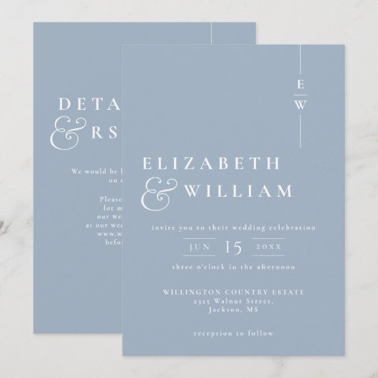 Dusty Blue Modern Monogram Wedding QR-code Kaart (Voorkant / Achterkant)