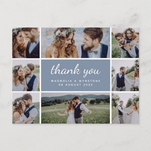 Dusty Blue Modern Photo Collage Weddenschap Bedank Briefkaart (Voorkant)