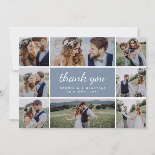 Dusty Blue Modern Photo Collage Wedding Bedankkaart (Voorkant)