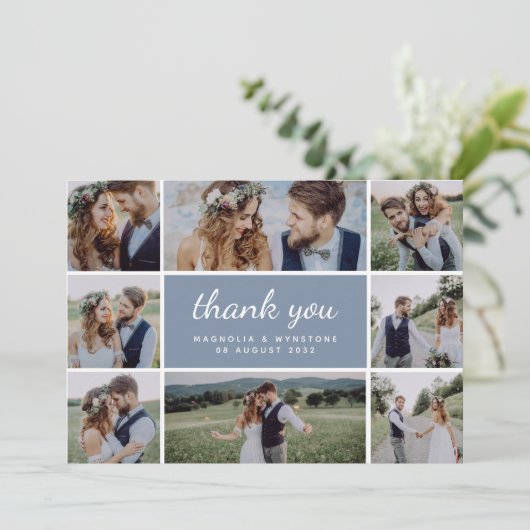 Dusty Blue Modern Photo Collage Wedding Bedankkaart (Staand voorkant)